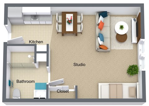 Floor plan for 1 bed, 1 bath, 445 sqft